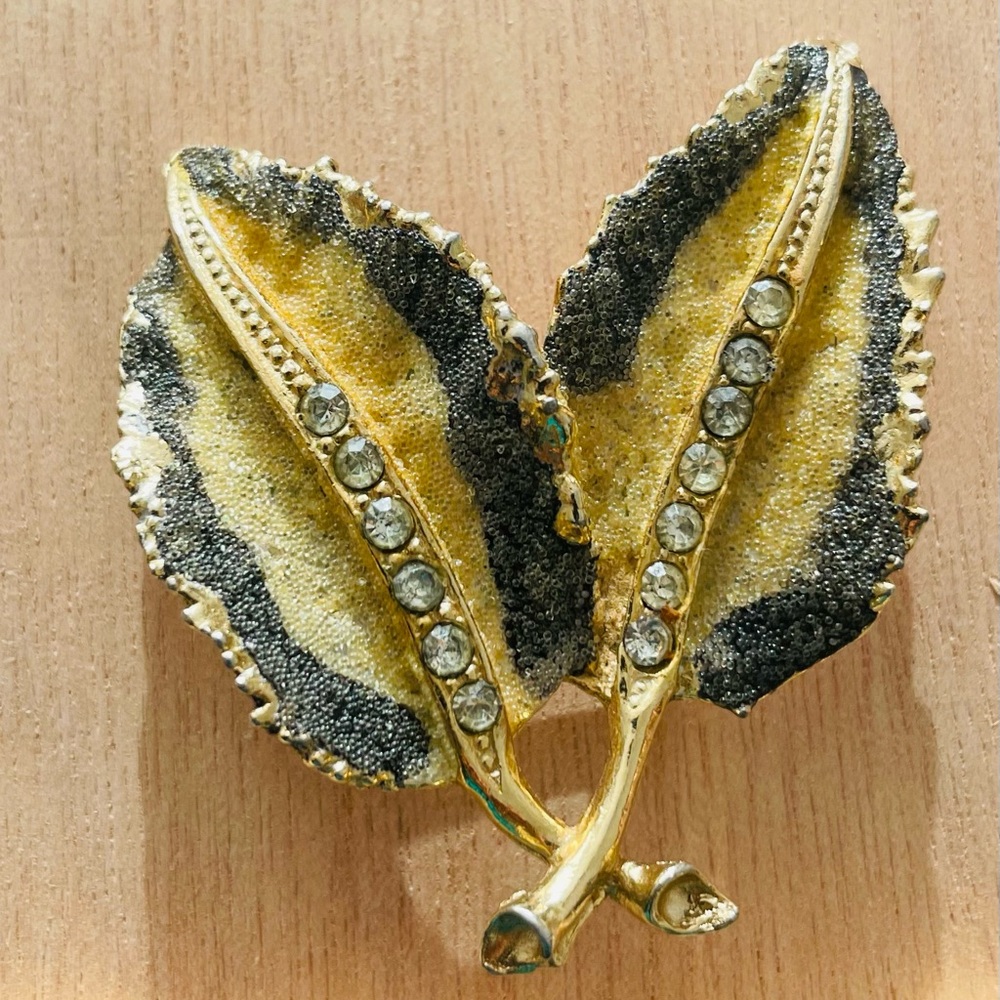 Gold and Black Leaf Brooch with Crystals